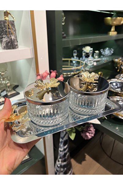 P&ORA PREMIUM KITCHEN PRODUCTS 2-Piece Metal Tray with Gold Butterfly Decoration, Snack Bowl, Breakfast Bowl