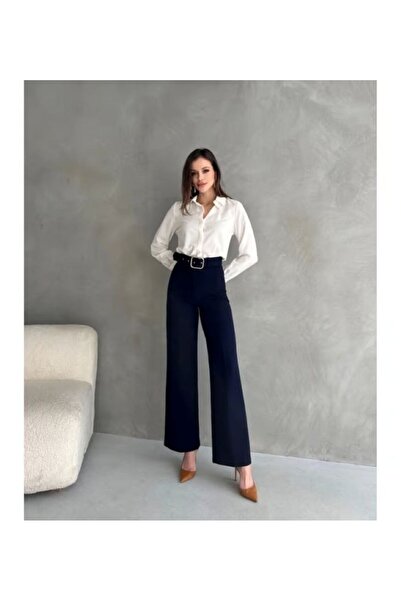 Ales Moda Yüksek Bel Krep Kumaş Full Likralı Çift Düğmeli Ve Kemerli Pantolon