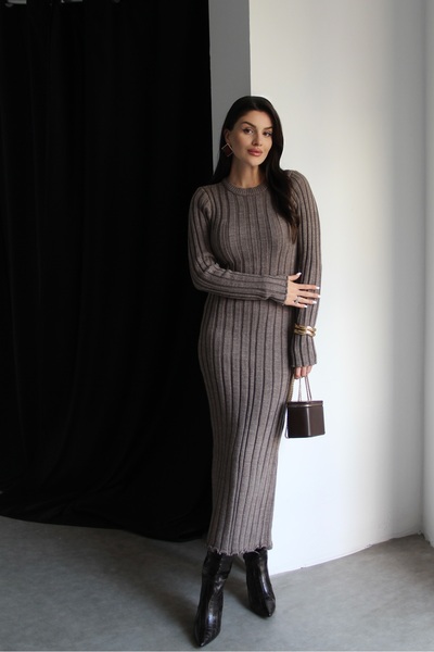 Julidress Corded Fabric Maxi Long Knitwear Dress with Waist Tie Detail