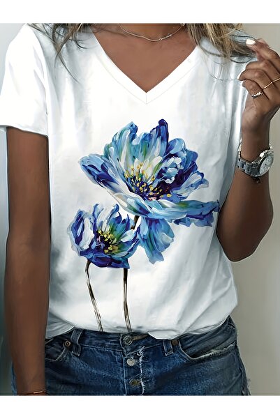 mercoledi Decolteu în V Floral cu imprimeu Regular tricou