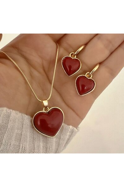 Store Red Heart Necklace Earring Set, Romantic and Fashionable New Year Gift