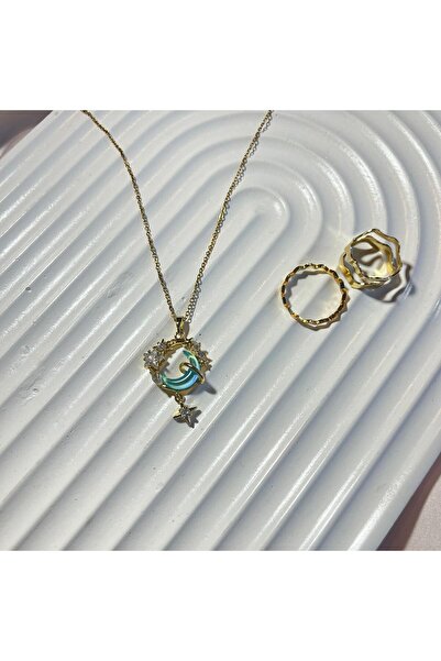 ELİSHA BUTİK DARK MİNT AY KOLYE GOLD YÜZÜK SETİ