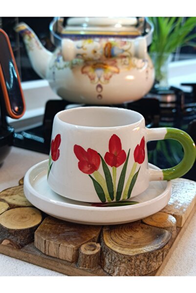 GenelTedarik Daisy Pattern Hand-Painted Ceramic Mug with Saucer, Turkish Coff...