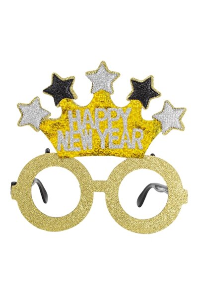 OEM Happy New Year Crown Glasses with Stars, Gold/Black & Glitter 15cm