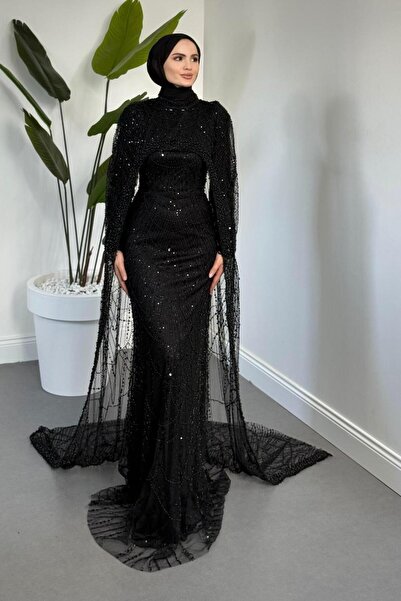 MERVEN AKYÜZ Ardina Pelerinli Boncuk İşlemeli Balık Abiye Siyah