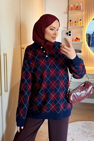 Hazamoda Kokina Baklava Pattern Sweater Navy Blue