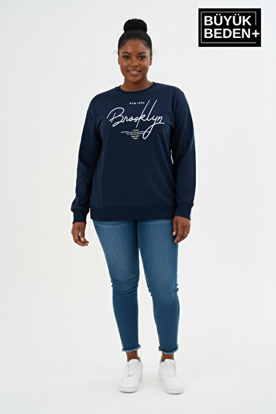 Superlife Women's Plus Size Handwritten Brooklyn Printed Crew Neck Thin Sweatshirt Spr26Bswk956-6