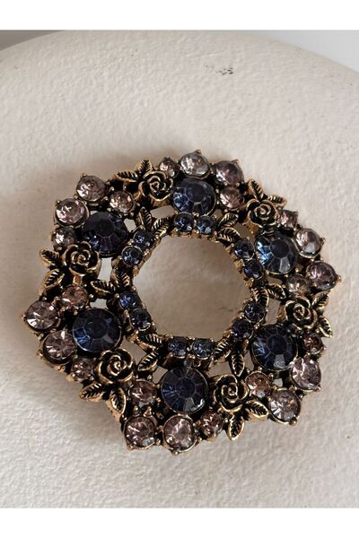BHR AKSESUAR Lacivert Zirkon Taşlı Retro Saray Tarzı Broş (4.5 cm)