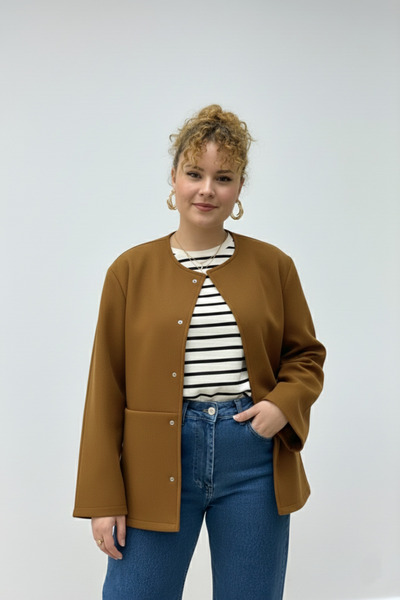 CHUL ÇITÇITLI CEPLİ ASTARSIZ KAŞE CEKET - ZERDEÇAL RENGİ - GENİŞ BEDEN ARALIĞI