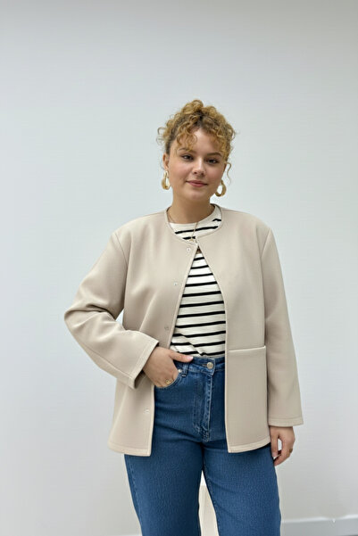 CHUL ÇITÇITLI CEPLİ ASTARSIZ KAŞE CEKET - TAŞ RENGİ - GENİŞ BEDEN ARALIĞI