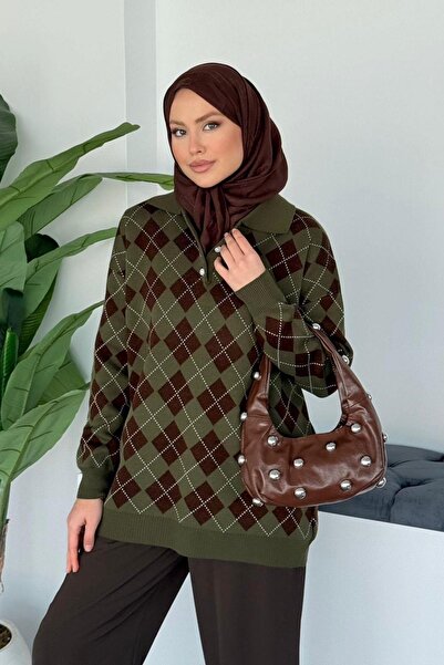 Hazamoda Kokina Baklava Pattern Sweater Khaki