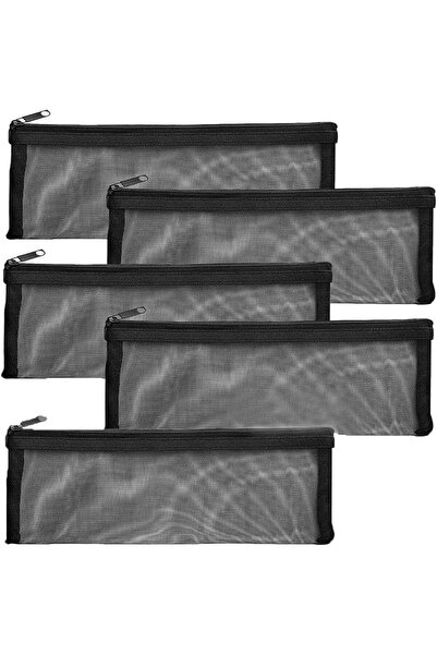 LeQQ مجموعة من 5 قطع من حافظات أقلام الرصاص الشبكية المزودة بسحاب - حافظة أقلام رصاص من النايلون الأسود، 22 × 10 سم