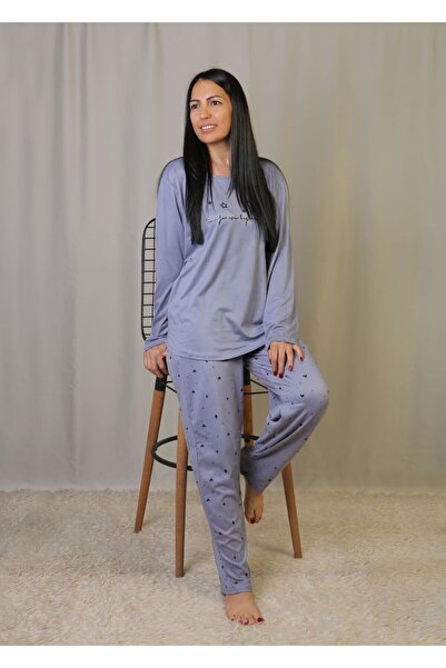 emsal özgür tekstil Battal Size Viscose Long Sleeve Purple Pajama Set with Lo...
