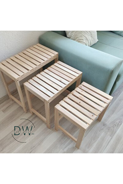DizyWood Zigon Sehpa Doğal Ahşap 3'Lü Sehpa Yan Sehpa