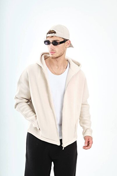 BREEZY Unisex Tam Fermuarlı Kapüşonlu Sweatshirt 3 İplik Şardonlu