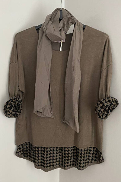 AYASOFYA OTANTIK Women's Italian Mink Round Neck Houndstooth Pattern Scarf-Lined Knitwear Blouse