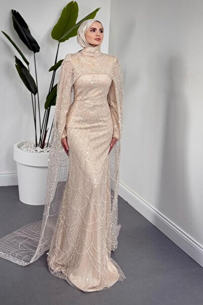 MERVEN AKYÜZ Ardina Pelerinli Boncuk İşlemeli Balık Abiye Krem