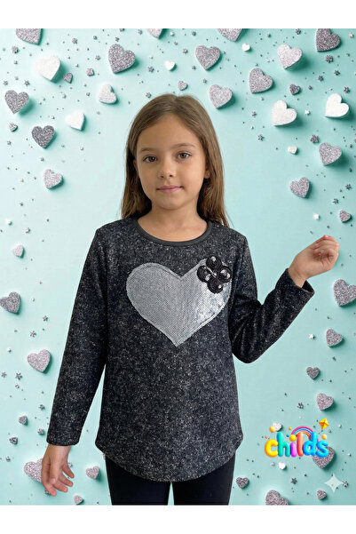 childs Дългоръкава блуза с пайети във формата на сърца за момичета, в димен с...
