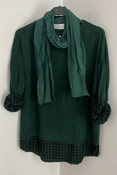 AYASOFYA OTANTIK Women's Italian Emerald Green Round Neck Houndstooth Pattern Scarf-Lined Knitwear Blouse