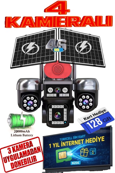 TRCharger 4 Kameralı (3 Motorlu + 1 Sabit)16MP 4G Solar Kamera AOV 7/24 Kayıt...