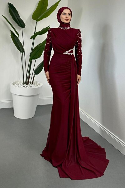 MERVEN AKYÜZ Elvira Taş Detaylı Tül Abiye Bordo