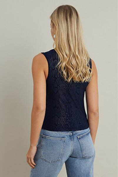 Be Best Women's Navy Blue Degaje Collar Sleeveless Blouse Be253