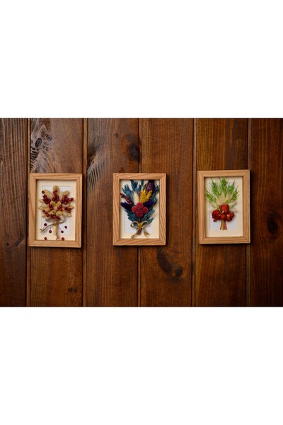 Ya&De Dekorasyon Kuru Çiçekli Meşe Çerçeve 3'lü Küçük Kolaj
