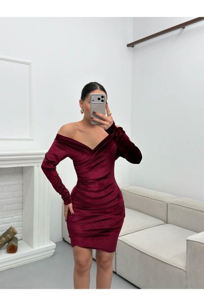 aytenli Winter Madonna Collar Side Gather Detailed Asymmetrical Cut Stylish Elegant Mini Velvet Dress