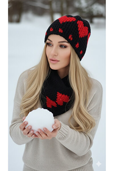 drt tasarım Heart Patterned Double-Breasted Scarf Beanie Set