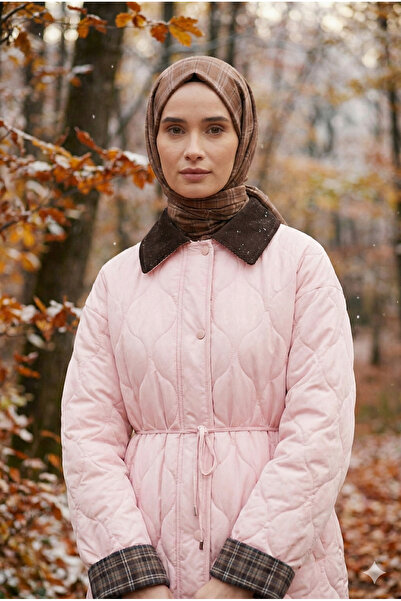 Ahel Tasarım Pembe Ekose Kadife Garnili Kapitone Mont