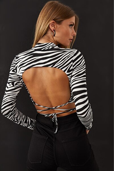 Be Best Women's Ecru-Black Backless Zebra Patterned Crop Blouse Be246
