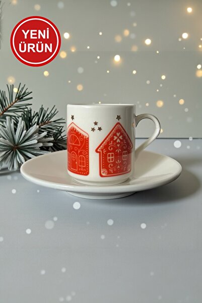 DVOYAGE Yılbaşı Evleri Porselen Türk Kahvesi Fincanı- Yeni Yıl Ruhunu Hisset!