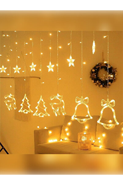 rkm store Yeni Yıl Çam Ağacı Geyik Çan Temalı Işık Zinciri Yılbaşı Noel Perde Led Işık Süslemesi