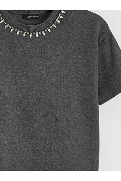 LC Waikiki LCW Vision Antrasit Bisiklet Yaka Taşlı Kadın Triko Kazak