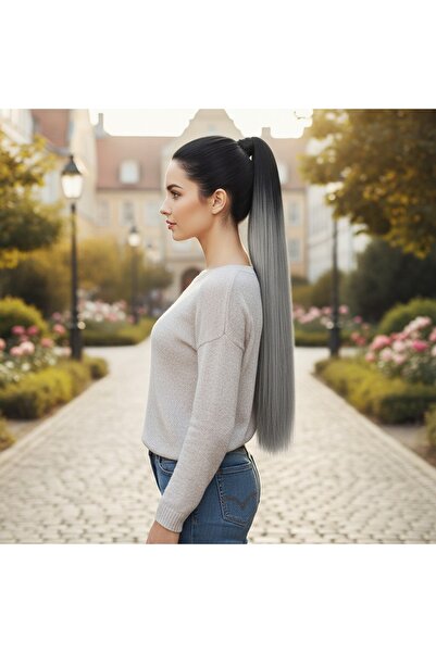 Zeysum Siyah Gri Ombreli Lastik Tokalı At Kuyruğu Saç Düz Postiş 70 Cm 150 gr...