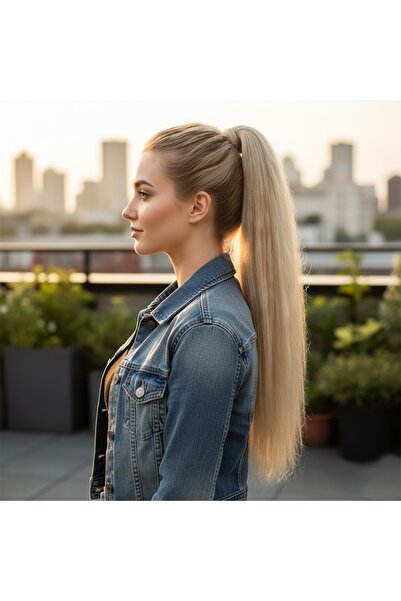 Zeysum Kumral Beyaz Platin Röfleli Lastik Tokalı At Kuyruğu Düz Saç Postiş 70...