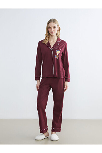 LC Waikiki Bordo Gömlek Yaka Ayı Teddy Baskılı Kadın Pijama Takımı