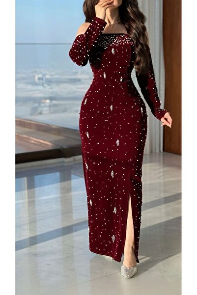 STAYILK DRESSES فستان مخمل بورغندي شولدر مطرز بلول