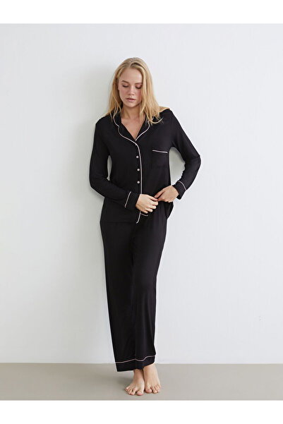 LC Waikiki Lcw Dream Black Shirt Collar Women's Pajamas Set