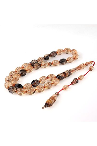 Tesbihsepetim Pen-Engraved Systematic Quartz Color Fire Amber Prayer Beads