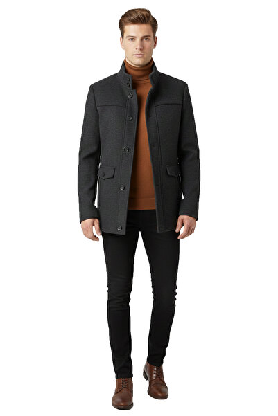 DeepSEA Palton pentru bărbați din catifea antracit, cu croială normală, iarnă guler ridicat – cu nasturi și fermoar – cu o singură fante 2407006