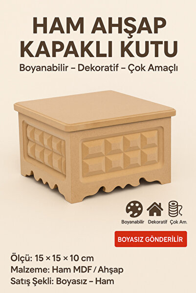 Eymen Hobi Ham Ahşap Kapaklı Kutu 15x15x10 cm | Boyanabilir Dekoratif Çok Ama...