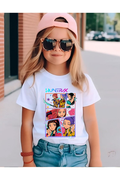 lovver Tricou pentru copii din bumbac cu imprimeu premium, design Huntrix Kpo...