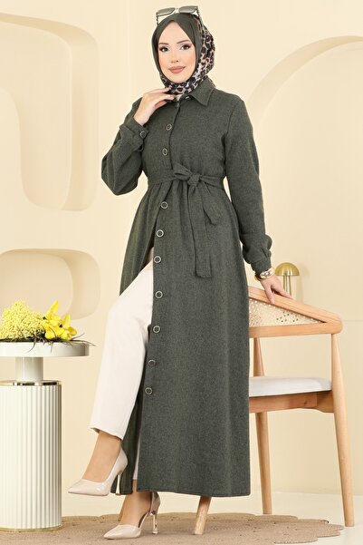 ModaMerve Gömlek Yaka Balıksırtı Elbise 24082UKBK1160-MS Haki
