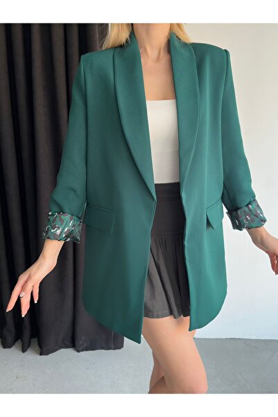 aytenli Oversize Double Leopar Astarlı Düğmesiz Cepli Uzun Blazer Ceket