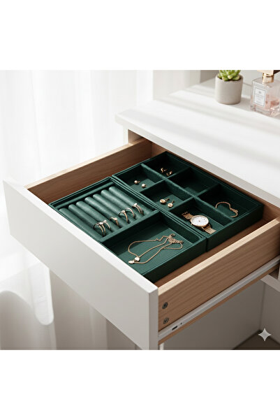 Saros Group مجموعة منظم مجوهرات مزدوجة من الجلد السويدي الأخضر الداكن |   منظ...