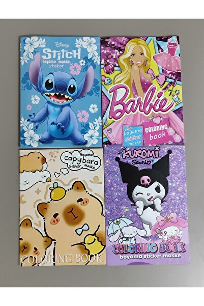 ada çanta kırtasiye 4 adet stickerli boyama kitabı (Stitch/Barbi/kuromi/capyb...
