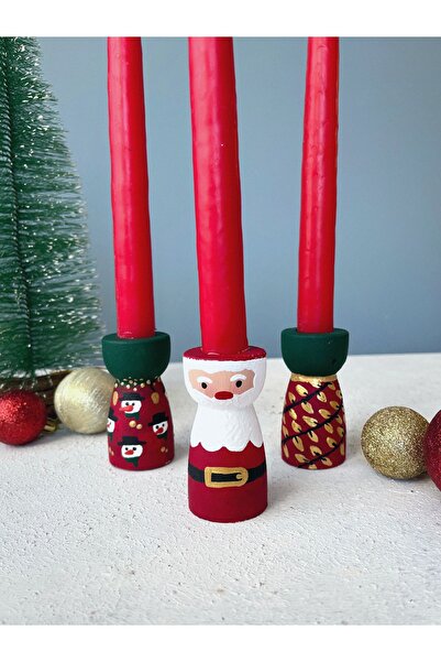 Ca.Gi El Yapımı Retro Tarz Noel Baba Desenli 3 Lü Yılbaşı Temalı Mumluk / Şam...