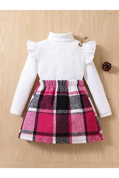 shop Set bluză cu volane și fustă în carouri pentru fete