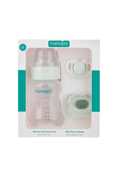 Mamajoo Mini set cadou verde praf, Biberon 250ml, Suzeta si cutie de depozitare,